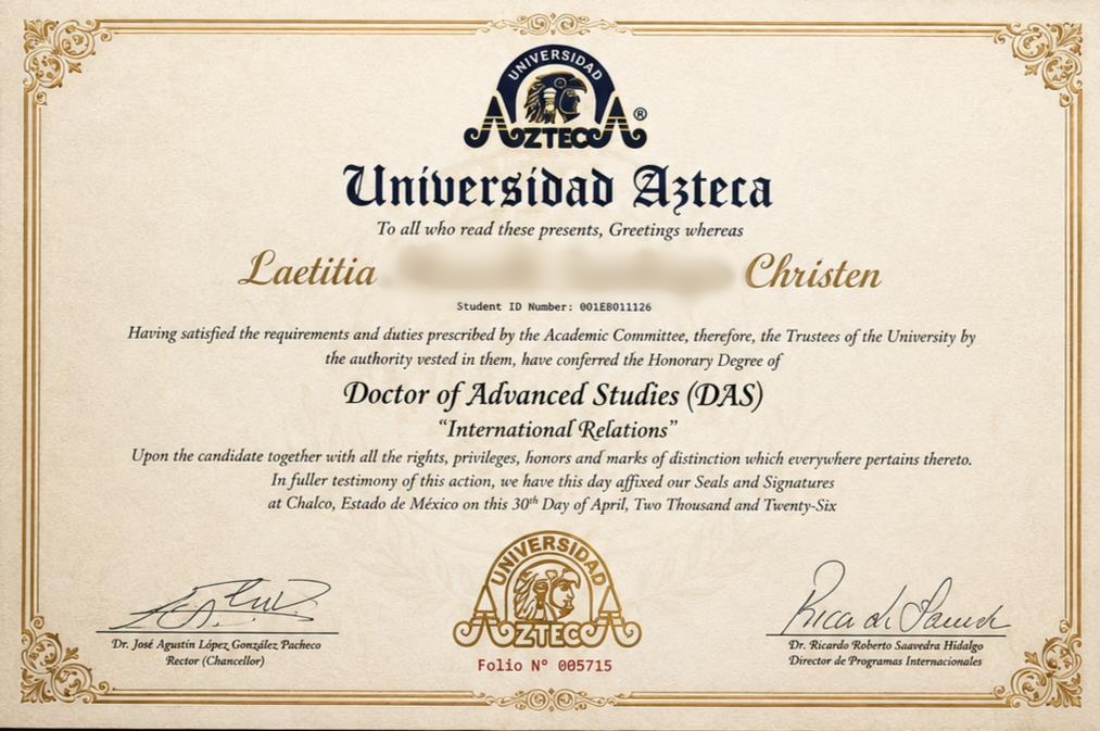 Laetitia S. Christen — Doctor Honoris Causa, Universidad Azteca 2026